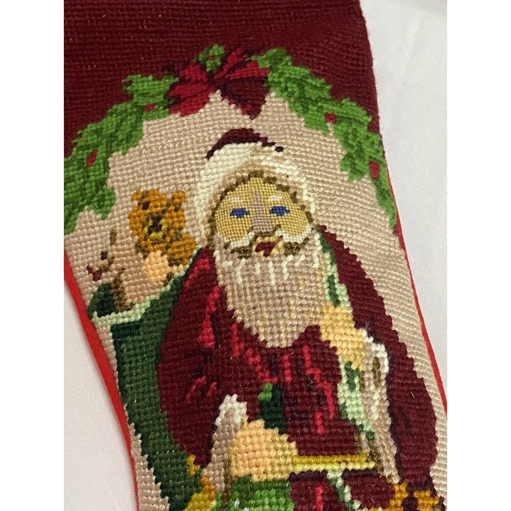 Vintage Wool Needlepoint Christmas Stocking Santa With Toys